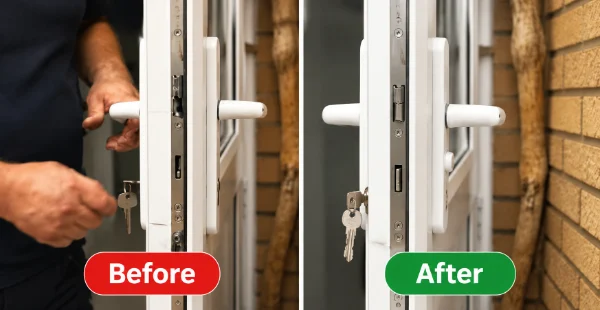 Residential locksmith before and after replacing a home door lock in Las Vegas
